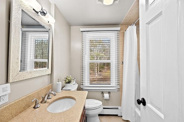 full bath with toilet, a shower with curtain, a baseboard radiator, tile patterned flooring, and vanity