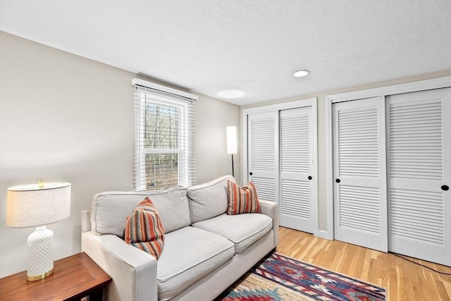 living area with a textured ceiling and light wood-style flooring