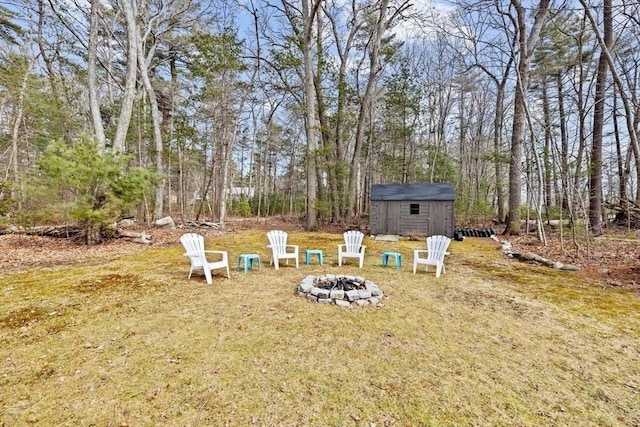 view of yard with a fire pit, a storage shed, and an outbuilding