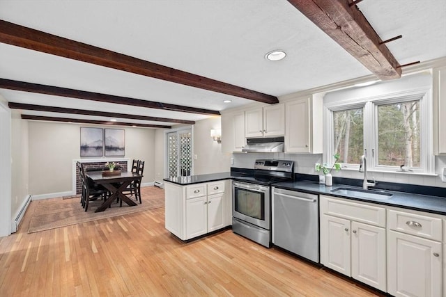 kitchen with stainless steel appliances, baseboard heating, a sink, a peninsula, and under cabinet range hood