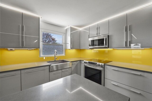 kitchen featuring gray cabinets, stainless steel countertops, appliances with stainless steel finishes, modern cabinets, and a sink