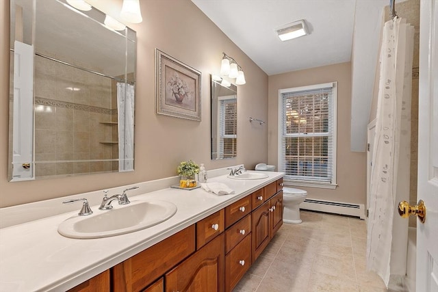 bathroom featuring a shower with curtain, toilet, tile patterned floors, vanity, and baseboard heating