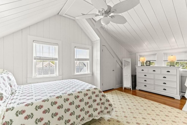 751 Crowell Rd, Chatham, MA 02650 - bedroom featuring vaulted ceiling, light wood-type flooring, and ceiling fan