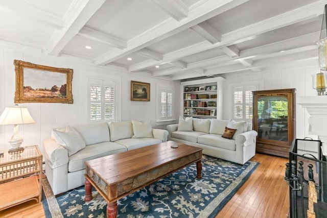 751 Crowell Rd, Chatham, MA 02650 - living room with beam ceiling, light wood-style floors, coffered ceiling, a decorative wall, and recessed lighting