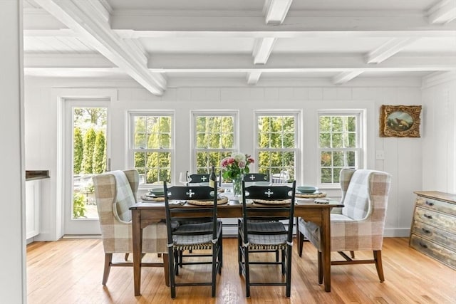 751 Crowell Rd, Chatham, MA 02650 - dining room with coffered ceiling, beamed ceiling, light wood-style floors, and plenty of natural light