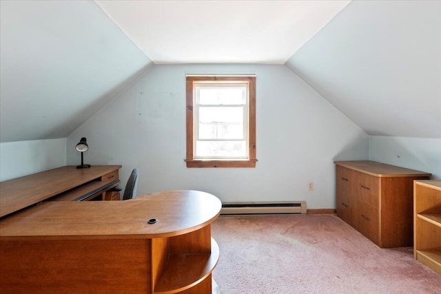 office area with a baseboard radiator, light carpet, and vaulted ceiling