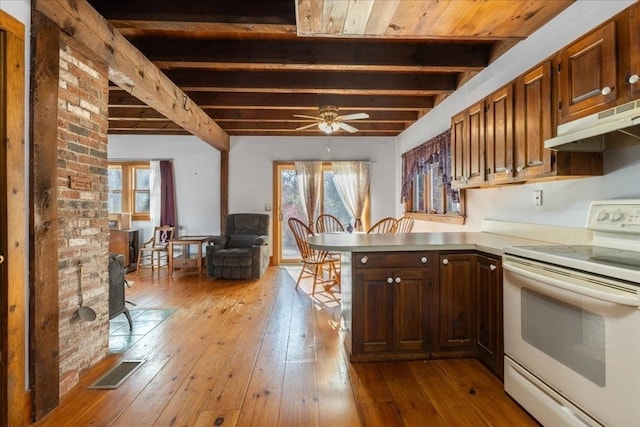 kitchen featuring light hardwood / wood-style floors, kitchen peninsula, ceiling fan, beam ceiling, and white electric stove