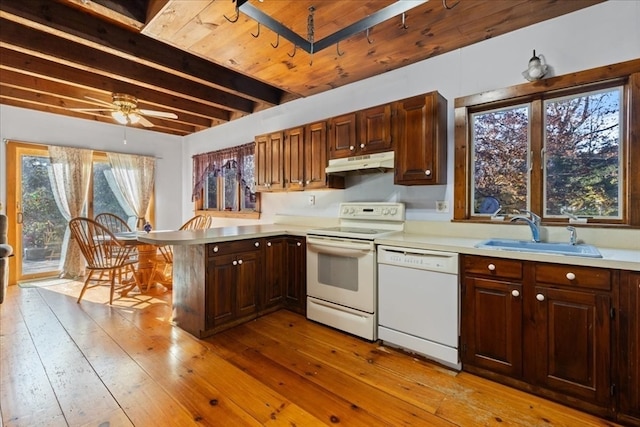 kitchen with white appliances, beam ceiling, sink, light hardwood / wood-style floors, and kitchen peninsula