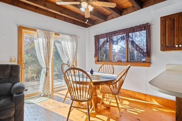 dining space featuring wooden ceiling, ceiling fan, and beam ceiling