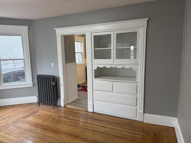 interior space with baseboards, dark wood-style flooring, and radiator