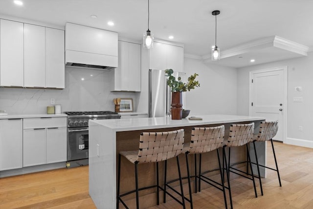 667 Tremont St Unit 1, Boston, MA 02118 - kitchen featuring appliances with stainless steel finishes, custom range hood, light wood-style flooring, a center island, and white cabinetry