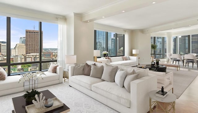 living area featuring a city view and ornamental molding