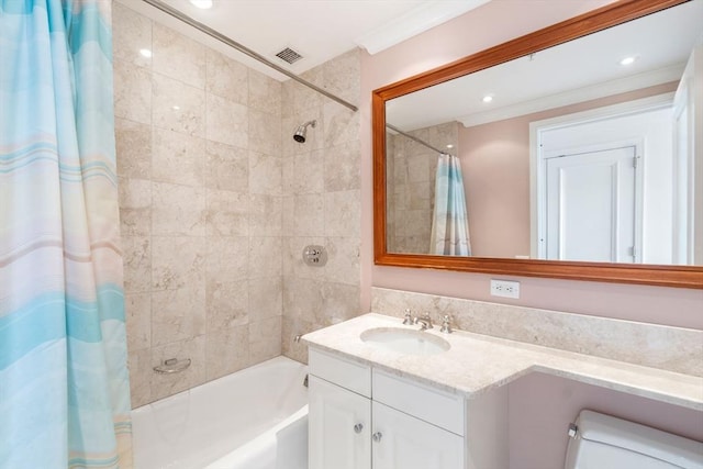 full bath featuring visible vents, shower / bath combo, recessed lighting, crown molding, and vanity