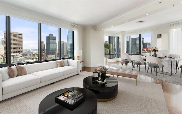 living room featuring baseboards, a view of city, wood finished floors, and crown molding