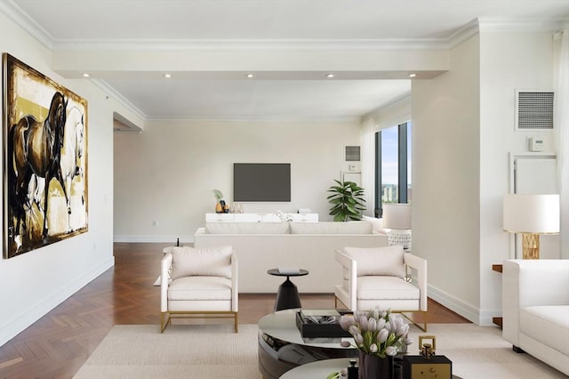 living area featuring crown molding, recessed lighting, baseboards, and visible vents