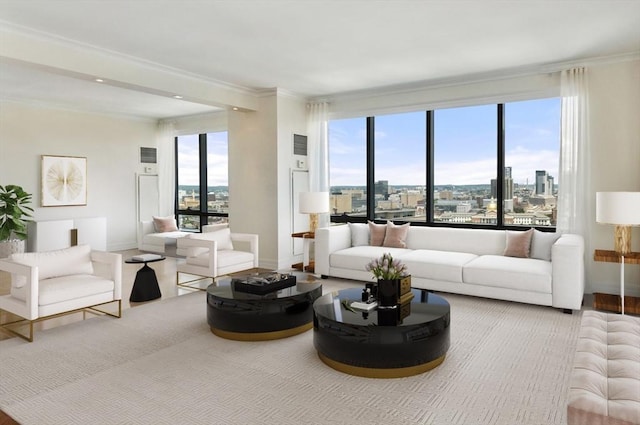 living room with a city view, baseboards, and ornamental molding