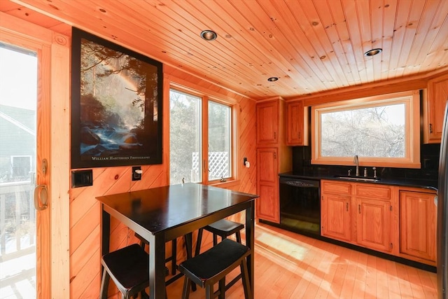 kitchen with dishwasher, wood walls, sink, light hardwood / wood-style floors, and wood ceiling