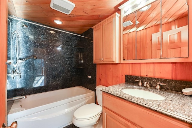 full bathroom featuring tiled shower / bath combo, wooden ceiling, toilet, and wooden walls