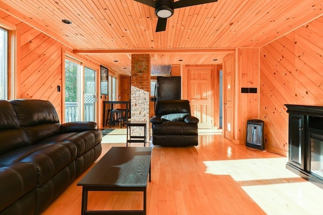 living room featuring ceiling fan, wooden walls, wooden ceiling, and light hardwood / wood-style floors