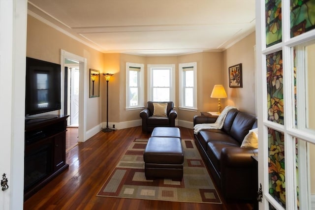 5 Clement Ave, Peabody, MA 01960 - living area with dark wood-style flooring, baseboards, and crown molding