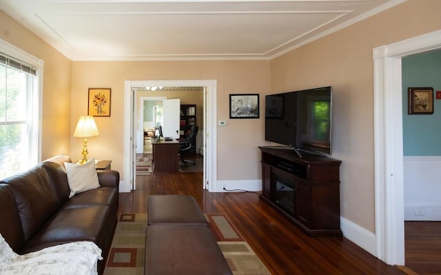 5 Clement Ave, Peabody, MA 01960 - living area with dark wood-style floors, ornamental molding, and baseboards