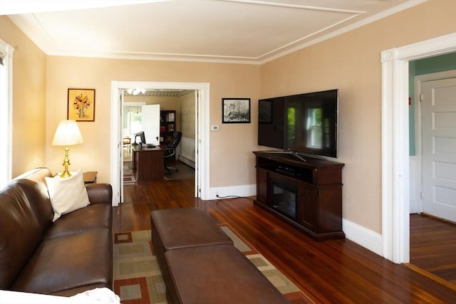 5 Clement Ave, Peabody, MA 01960 - living room featuring wood finished floors, baseboards, ornamental molding, a desk, and a baseboard heating unit