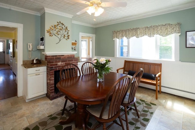 5 Clement Ave, Peabody, MA 01960 - dining space with wainscoting, ceiling fan, crown molding, and a brick fireplace