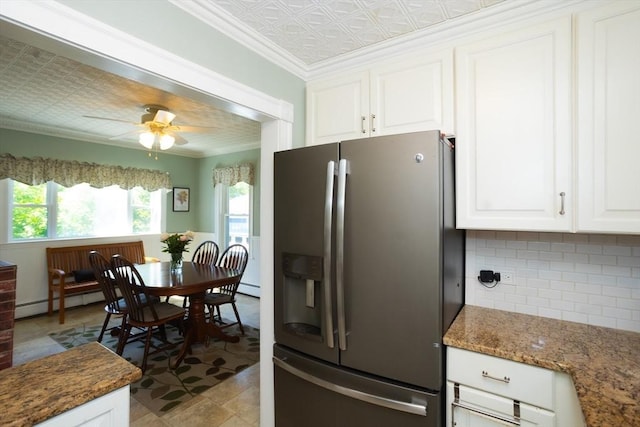 5 Clement Ave, Peabody, MA 01960 - kitchen featuring stainless steel refrigerator with ice dispenser, an ornate ceiling, decorative backsplash, crown molding, and white cabinets