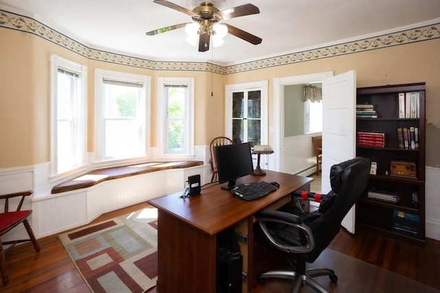 5 Clement Ave, Peabody, MA 01960 - office featuring ceiling fan, wood finished floors, a wainscoted wall, healthy amount of natural light, and a baseboard radiator
