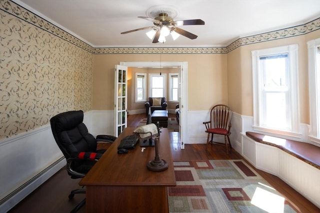 5 Clement Ave, Peabody, MA 01960 - home office featuring wainscoting, baseboard heating, a ceiling fan, and wood finished floors
