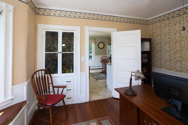 5 Clement Ave, Peabody, MA 01960 - home office with dark wood-style flooring, wainscoting, baseboard heating, and radiator heating unit