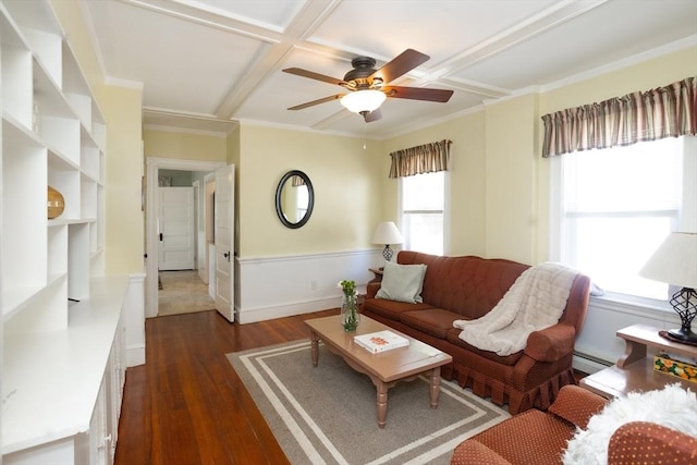 5 Clement Ave, Peabody, MA 01960 - living area featuring dark wood finished floors, a baseboard heating unit, coffered ceiling, ceiling fan, and ornamental molding