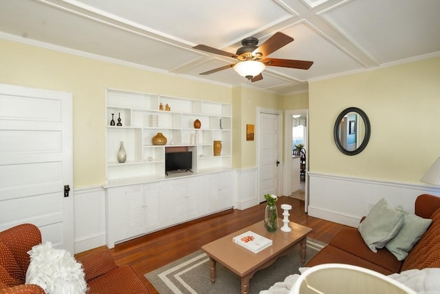 5 Clement Ave, Peabody, MA 01960 - living room featuring dark wood-type flooring, ceiling fan, crown molding, and wainscoting