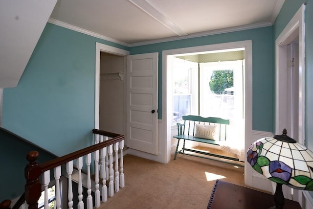 5 Clement Ave, Peabody, MA 01960 - hall with carpet, an upstairs landing, and crown molding