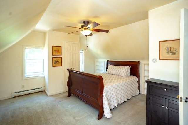5 Clement Ave, Peabody, MA 01960 - bedroom with a baseboard radiator, lofted ceiling, carpet, and a ceiling fan