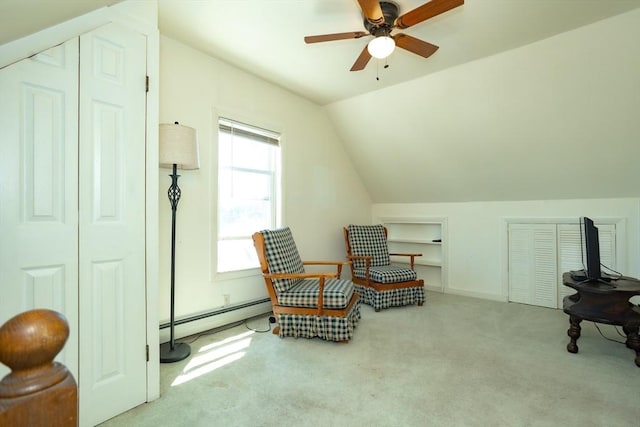 5 Clement Ave, Peabody, MA 01960 - sitting room featuring a baseboard radiator, lofted ceiling, carpet flooring, ceiling fan, and baseboards