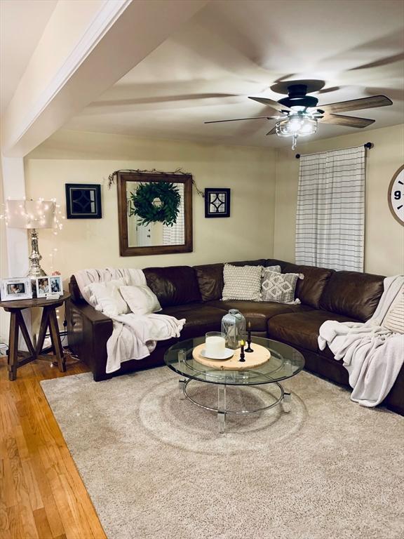 living area with a ceiling fan and wood finished floors