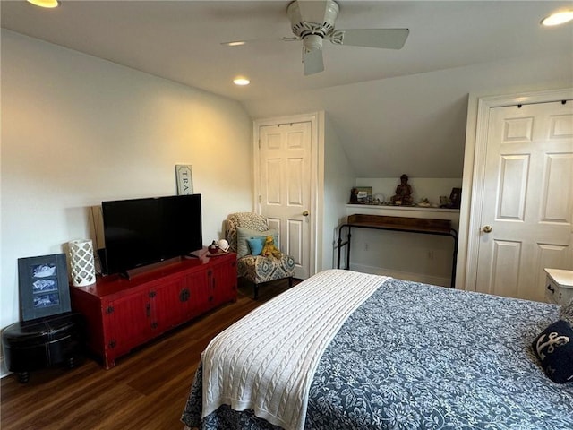 bedroom with lofted ceiling, wood finished floors, a ceiling fan, and recessed lighting