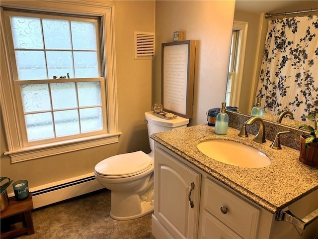 full bathroom featuring a wealth of natural light, a baseboard radiator, visible vents, and toilet