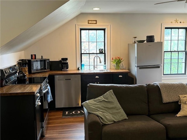 kitchen featuring stainless steel appliances, dark cabinetry, wooden counters, and a sink