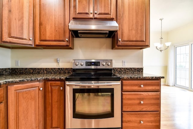 12 Braeburn Ln Unit 12, Ashland, MA 01721 - kitchen with stainless steel electric range oven, ventilation hood, and brown cabinetry