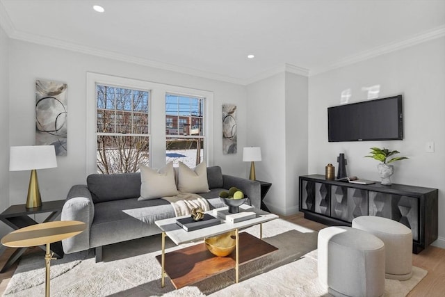 living room with hardwood / wood-style flooring and crown molding