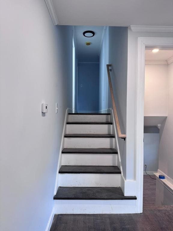 stairway featuring wood-type flooring and crown molding