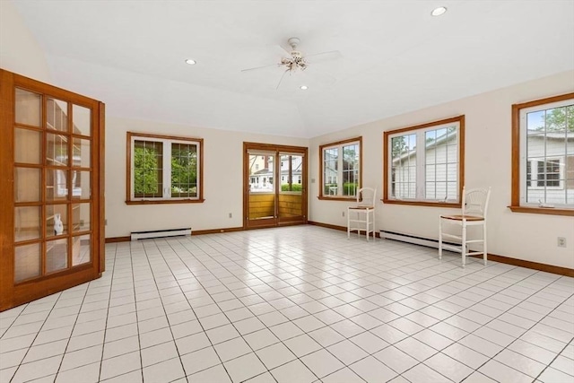 8 Warren Rd, Marblehead, MA 01945 - empty room featuring a baseboard radiator, ceiling fan, baseboards, light tile patterned flooring, and recessed lighting