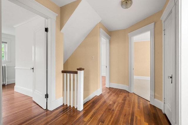 8 Warren Rd, Marblehead, MA 01945 - hallway featuring an upstairs landing, dark wood-style flooring, baseboards, and radiator