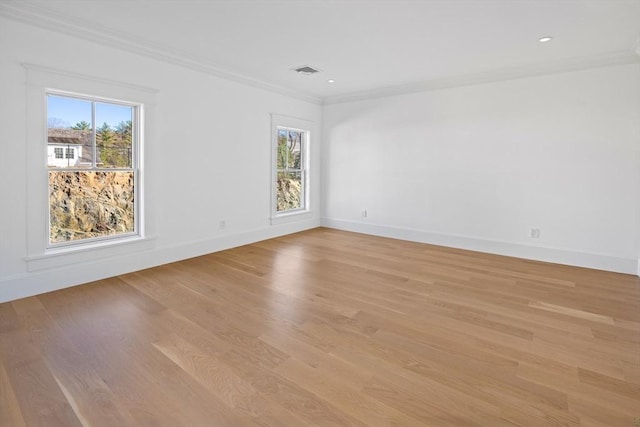 empty room featuring a wealth of natural light, light hardwood / wood-style floors, and ornamental molding