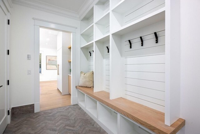 mudroom featuring crown molding and dark parquet floors