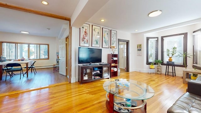 living room with a wealth of natural light, beamed ceiling, and wood-type flooring