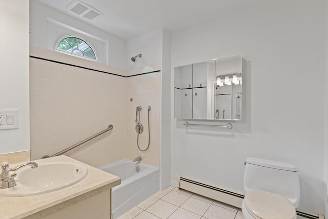 17-19 Maple St, Newton, MA 02466 - bathroom with a baseboard radiator, bathing tub / shower combination, toilet, tile patterned floors, and vanity