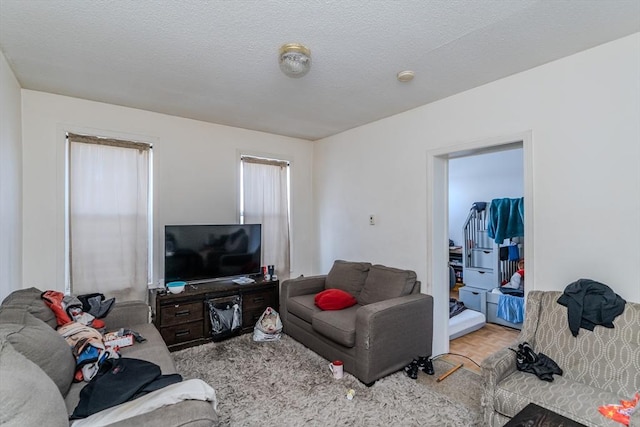 living room with a textured ceiling and light parquet flooring